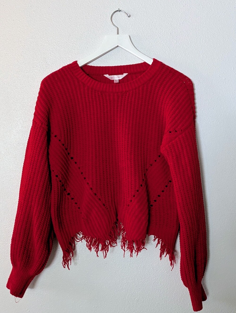 No Boundaries Red Knit Crewneck Sweater Fringe Medium